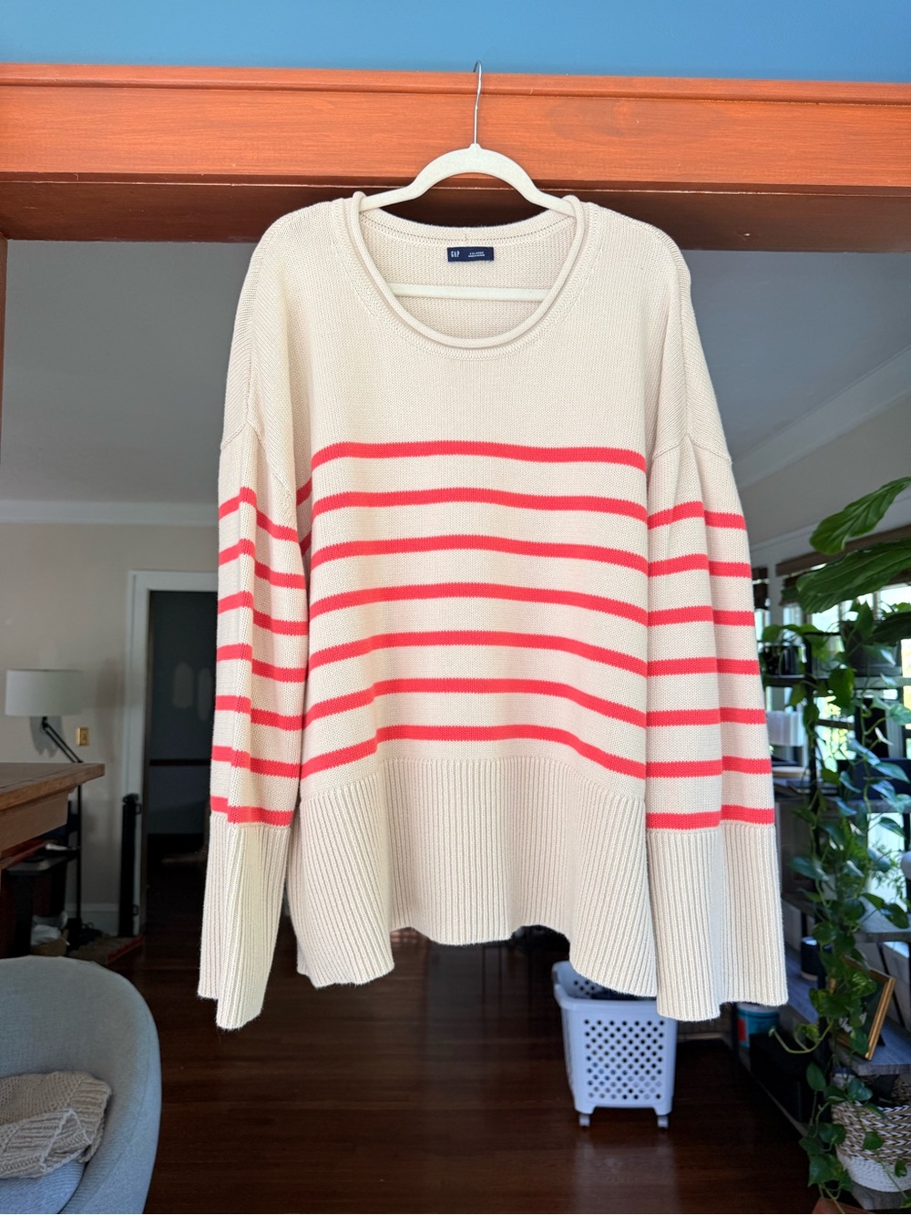 GAP Cream Sweater with Coral Stripe Detail